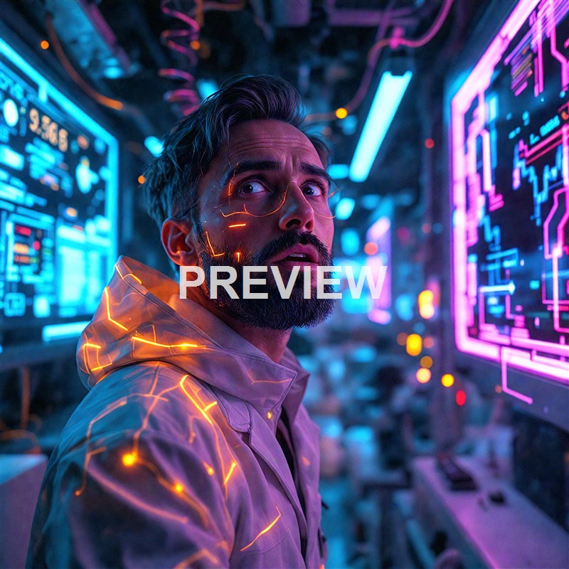 A man with a beard and styled hair looks over his shoulder in a high-tech, neon-lit environment filled with digital screens and glowing circuitry.